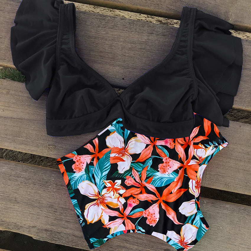 High Waist Ruffled Bikini Set Sexy Flounce Biquini Swimwear Women Two Pieces Swimsuit Floral Beachwear V-neck Bathing Suit