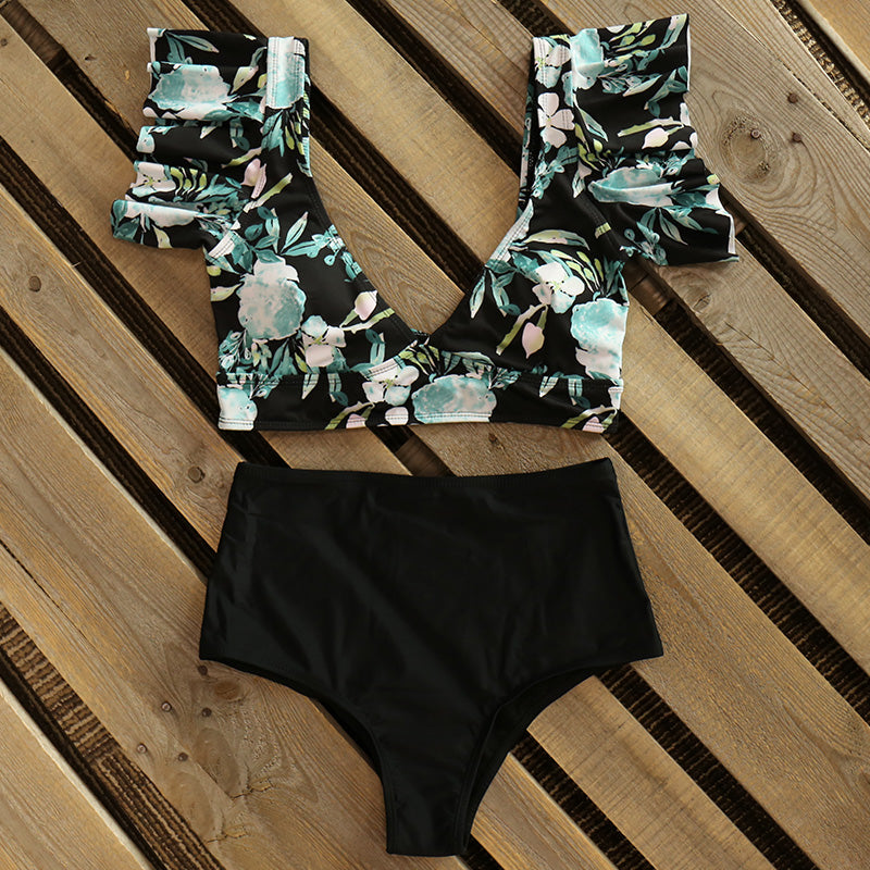 High Waist Ruffled Bikini Set Sexy Flounce Biquini Swimwear Women Two Pieces Swimsuit Floral Beachwear V-neck Bathing Suit