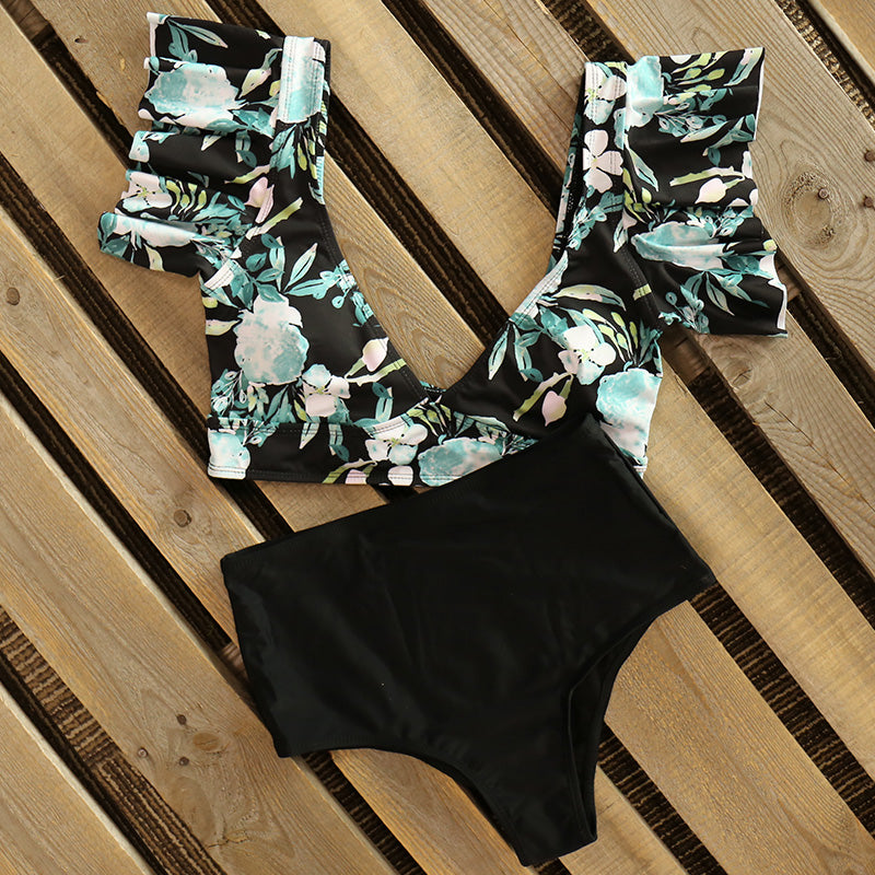 High Waist Ruffled Bikini Set Sexy Flounce Biquini Swimwear Women Two Pieces Swimsuit Floral Beachwear V-neck Bathing Suit
