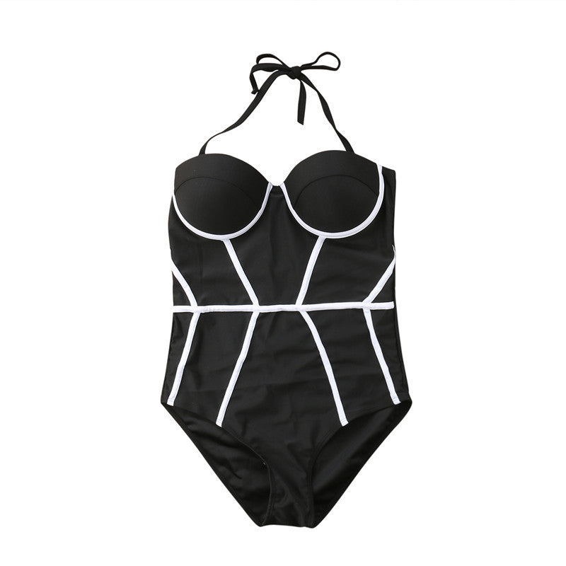 Strapless Push Up One Piece Swimsuit Women Black Patchwork Body Swimwear Bodysuit Summer Lady Holiday Beachwear Swimsuits
