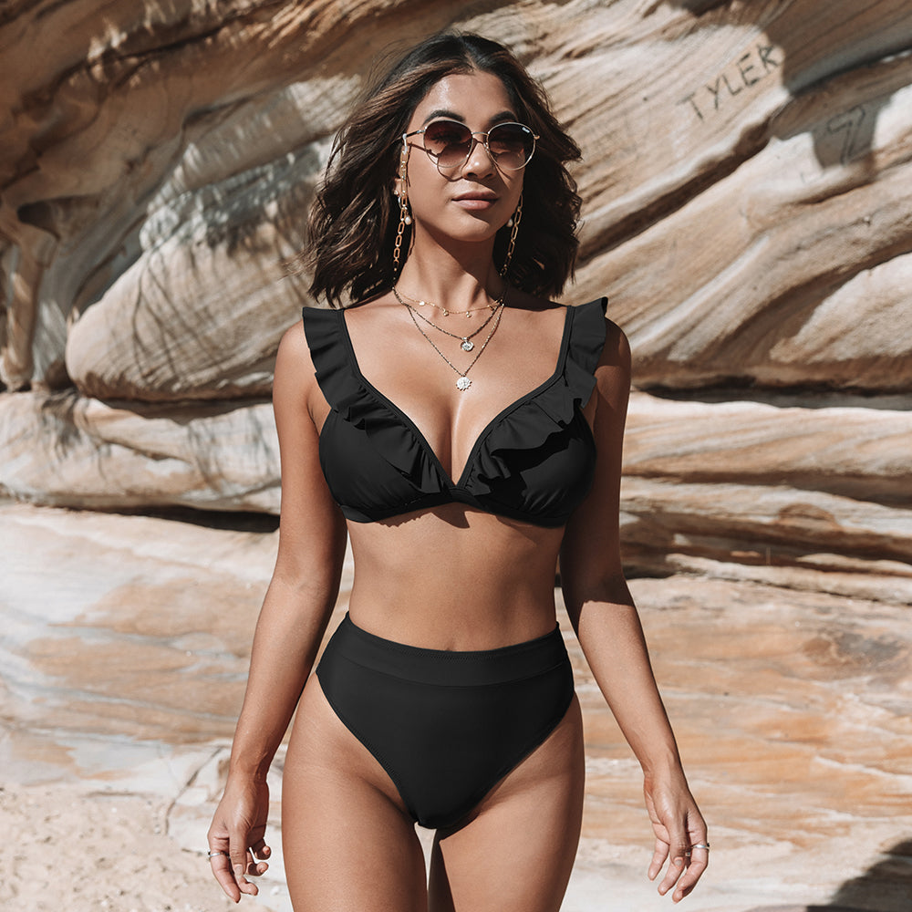 CUPSHE V-neck Ruffled High-waist Bikini Sets Swimsuit Women Sexy Solid Brown Two Pieces Swimwear New Beach Bathing Suits