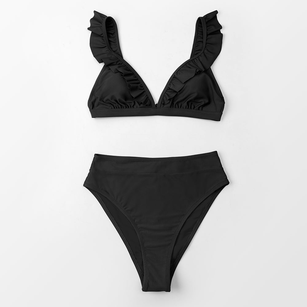 CUPSHE V-neck Ruffled High-waist Bikini Sets Swimsuit Women Sexy Solid Brown Two Pieces Swimwear New Beach Bathing Suits