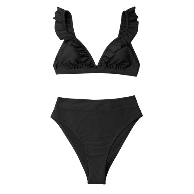 CUPSHE V-neck Ruffled High-waist Bikini Sets Swimsuit Women Sexy Solid Brown Two Pieces Swimwear New Beach Bathing Suits
