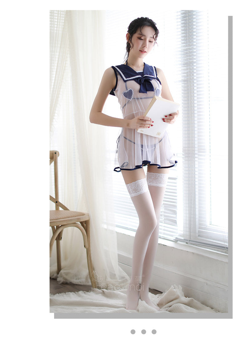Mesh Temptation Fancy Club Outfits Erotic 3 Piece Set Women Sexy Lingerie Japanese Style Sailor Collar Student Uniform Women Set