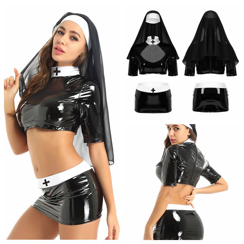 Women Adults Sexy Naughty Nun Cosplay Costumes Halloween Roleplay Outfit Crop Top with Bodycon Skirt and Headpiece for Clubwear