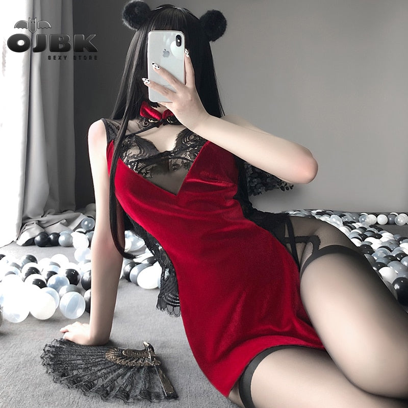 Sexy Cosplay Chinese Traditional Dress for Women Gothic Punk Mini Devil Black Red Cheongsams Party Fashion Solid Color Satin V