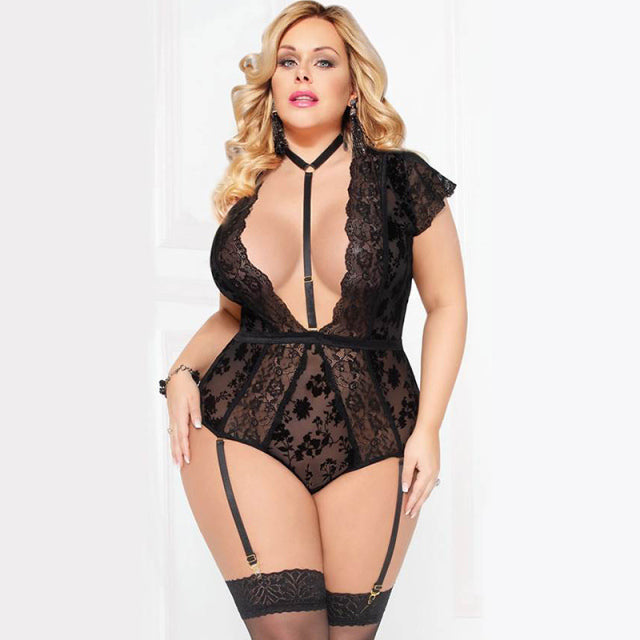 Comeondear Sexy Bodysuits For Sexy Women Wetlook Lace Teddy Choker Neck Backless Deep V Body Suit Lingerie Plus Size 5XL