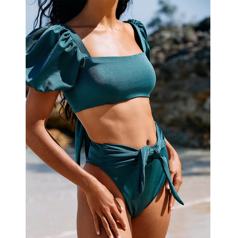 Sexy Bikini New 2 Piece Women Swimsuit Solid Color Short Puff Sleeve Summer High Waist Cut Backless Bathing Suit Beachwear