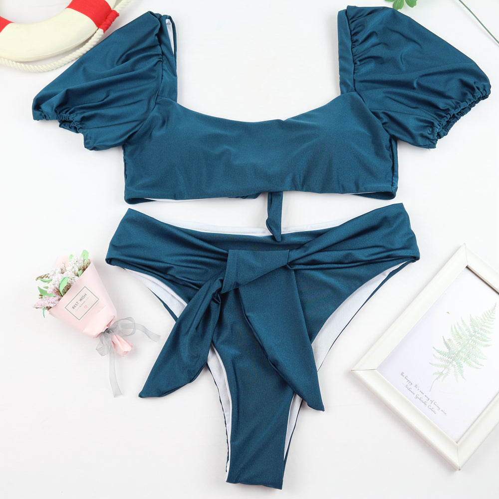 Sexy Bikini New 2 Piece Women Swimsuit Solid Color Short Puff Sleeve Summer High Waist Cut Backless Bathing Suit Beachwear