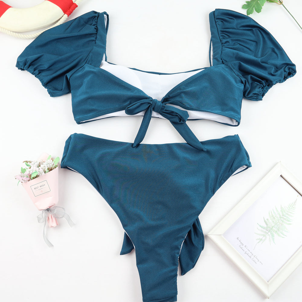 Sexy Bikini New 2 Piece Women Swimsuit Solid Color Short Puff Sleeve Summer High Waist Cut Backless Bathing Suit Beachwear