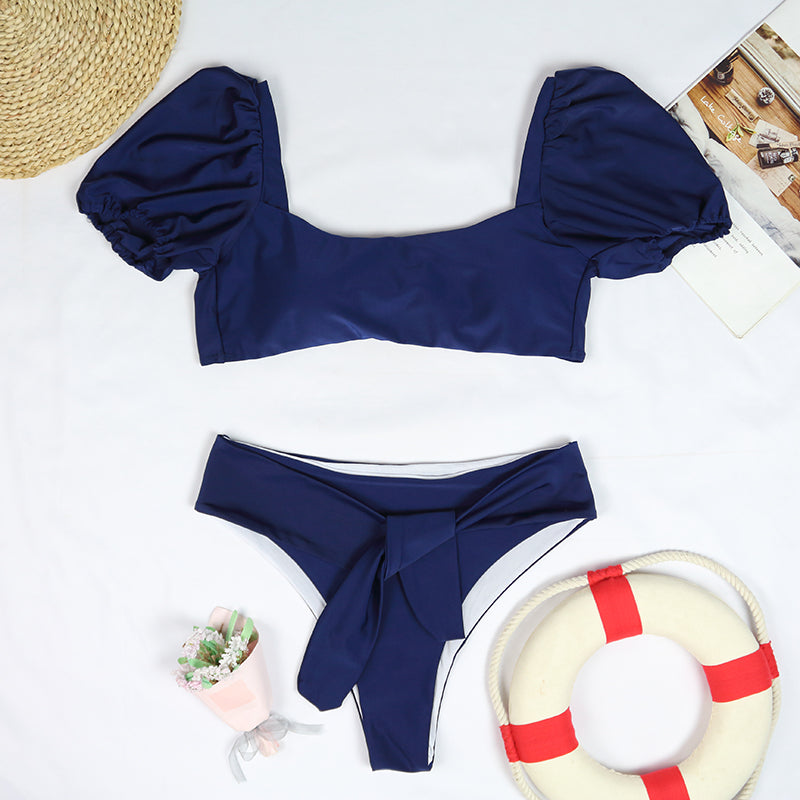 Sexy Bikini New 2 Piece Women Swimsuit Solid Color Short Puff Sleeve Summer High Waist Cut Backless Bathing Suit Beachwear