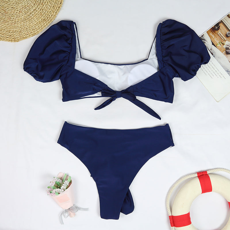Sexy Bikini New 2 Piece Women Swimsuit Solid Color Short Puff Sleeve Summer High Waist Cut Backless Bathing Suit Beachwear
