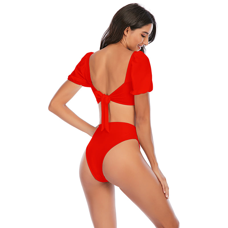 Sexy Bikini New 2 Piece Women Swimsuit Solid Color Short Puff Sleeve Summer High Waist Cut Backless Bathing Suit Beachwear