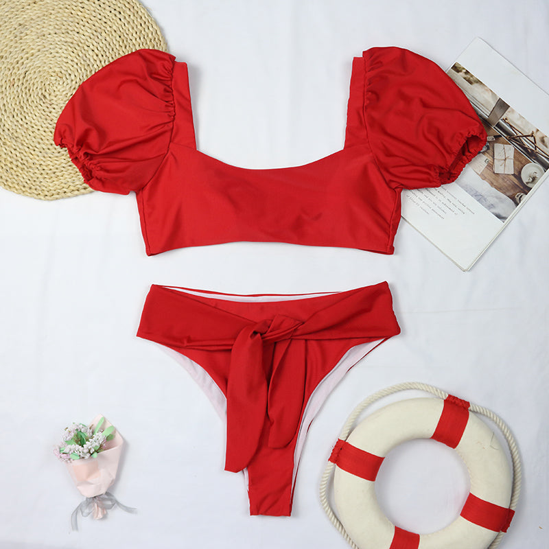 Sexy Bikini New 2 Piece Women Swimsuit Solid Color Short Puff Sleeve Summer High Waist Cut Backless Bathing Suit Beachwear