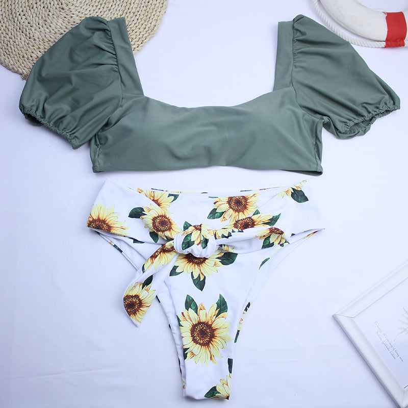 Sexy Bikini New 2 Piece Women Swimsuit Solid Color Short Puff Sleeve Summer High Waist Cut Backless Bathing Suit Beachwear
