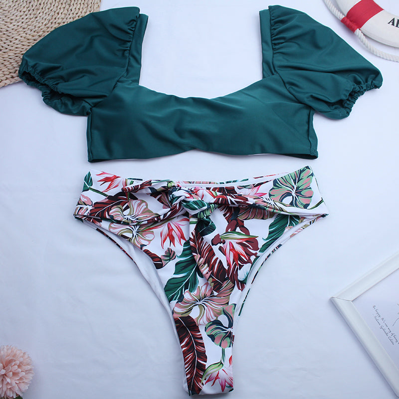 Sexy Bikini New 2 Piece Women Swimsuit Solid Color Short Puff Sleeve Summer High Waist Cut Backless Bathing Suit Beachwear