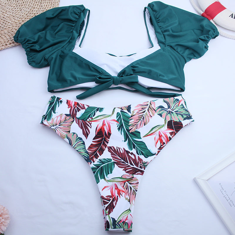 Sexy Bikini New 2 Piece Women Swimsuit Solid Color Short Puff Sleeve Summer High Waist Cut Backless Bathing Suit Beachwear