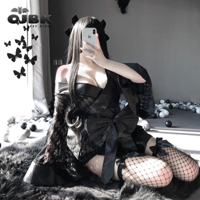 Sexy Cosplay Uniform Dark Japanese Kimono Erotic Costumes for Women Robe Cardigan Role Play Net yarn Black 3Pcs Lingerie Set