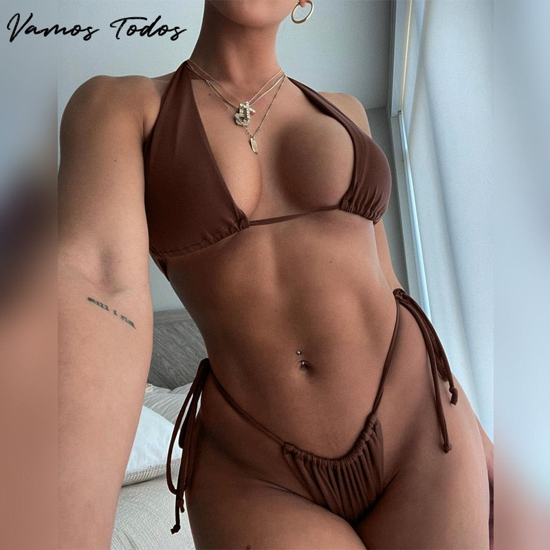 Vamos Todos Brown String Bikini 2 Piece Set Women Sexy Beach Outfit Bathing Swimming Suit Hot Swimsuit Free Size