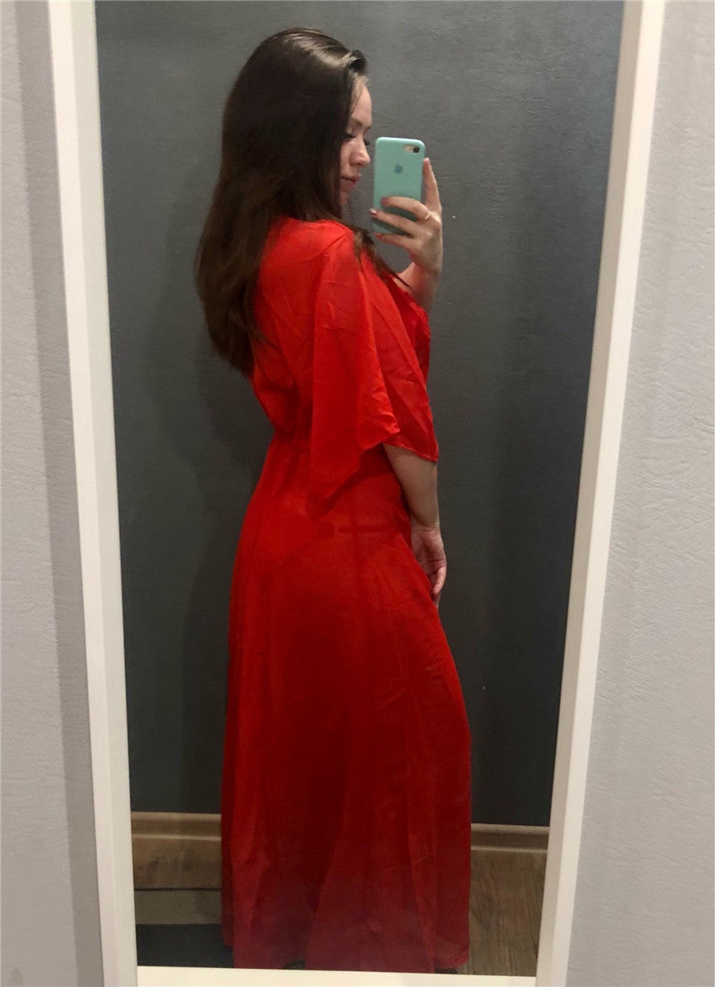 Summer Lady Beach Cover Up Sexy Bikini Chiffon Long Dress For Women Solid Beach Dress Women Bathing Suit Beach Tunic Kaftan