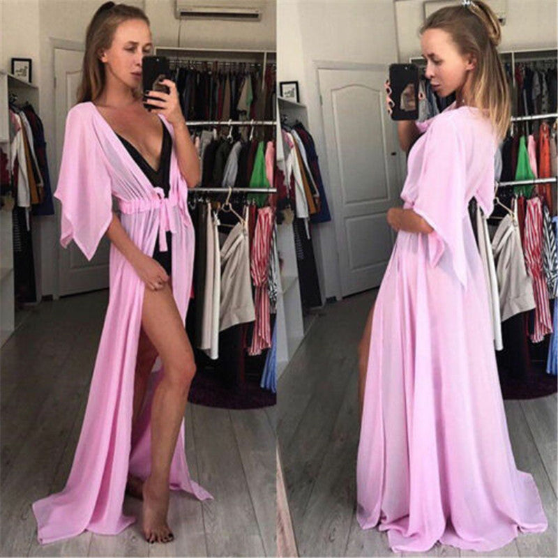 Summer Lady Beach Cover Up Sexy Bikini Chiffon Long Dress For Women Solid Beach Dress Women Bathing Suit Beach Tunic Kaftan
