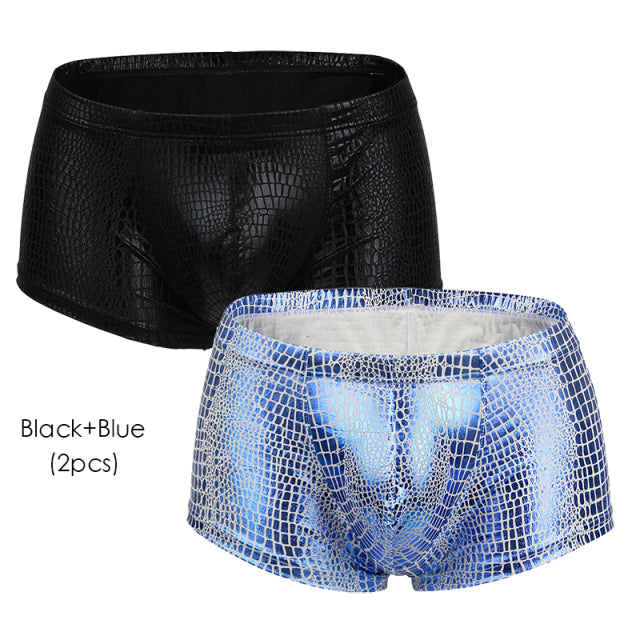 2Pcs/1Pcs Sexy Mens Snake Skin Imitation Leather Underwear Boxers Crotchless Boxer Shorts Men U Convex Low Waist Male Underpants