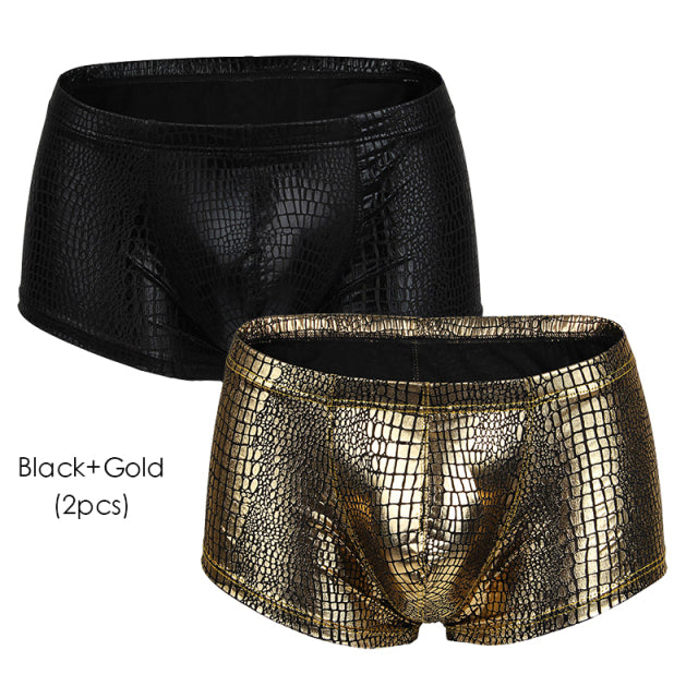 2Pcs/1Pcs Sexy Mens Snake Skin Imitation Leather Underwear Boxers Crotchless Boxer Shorts Men U Convex Low Waist Male Underpants