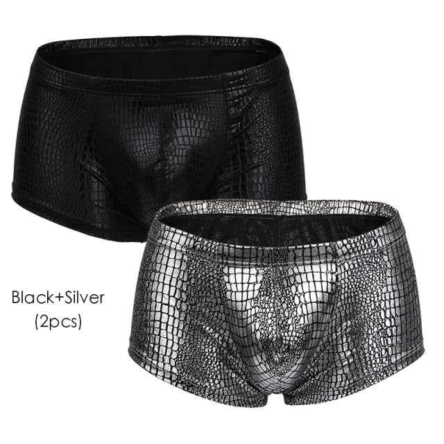 2Pcs/1Pcs Sexy Mens Snake Skin Imitation Leather Underwear Boxers Crotchless Boxer Shorts Men U Convex Low Waist Male Underpants