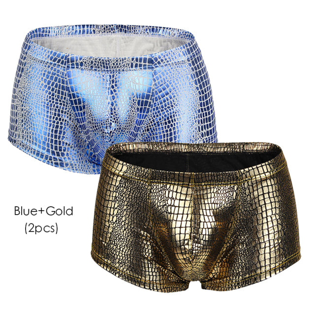 2Pcs/1Pcs Sexy Mens Snake Skin Imitation Leather Underwear Boxers Crotchless Boxer Shorts Men U Convex Low Waist Male Underpants
