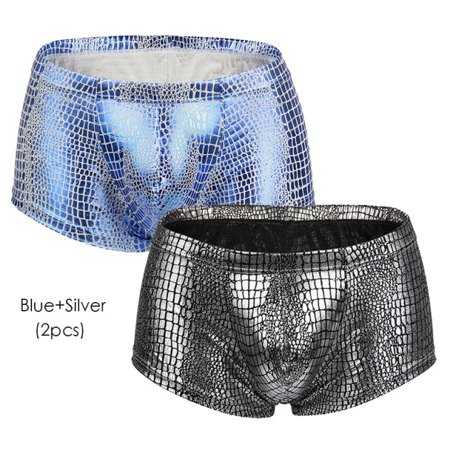 2Pcs/1Pcs Sexy Mens Snake Skin Imitation Leather Underwear Boxers Crotchless Boxer Shorts Men U Convex Low Waist Male Underpants