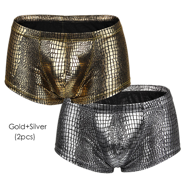 2Pcs/1Pcs Sexy Mens Snake Skin Imitation Leather Underwear Boxers Crotchless Boxer Shorts Men U Convex Low Waist Male Underpants