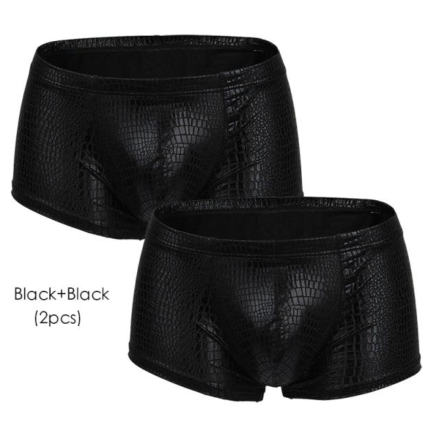 2Pcs/1Pcs Sexy Mens Snake Skin Imitation Leather Underwear Boxers Crotchless Boxer Shorts Men U Convex Low Waist Male Underpants