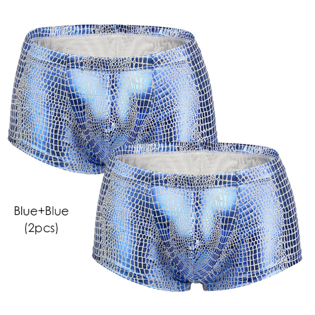 2Pcs/1Pcs Sexy Mens Snake Skin Imitation Leather Underwear Boxers Crotchless Boxer Shorts Men U Convex Low Waist Male Underpants