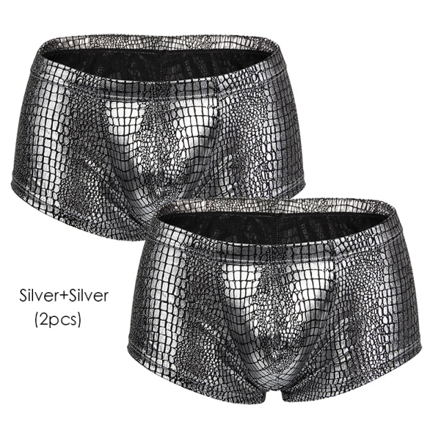 2Pcs/1Pcs Sexy Mens Snake Skin Imitation Leather Underwear Boxers Crotchless Boxer Shorts Men U Convex Low Waist Male Underpants