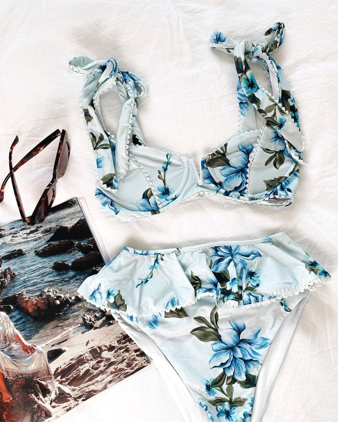 Sexy High Waist Bikini Swimwear Women Print Swimsuit Push Up Ruffle Bikinis Set Women Bandage Bathing Suit Summer Beachwear