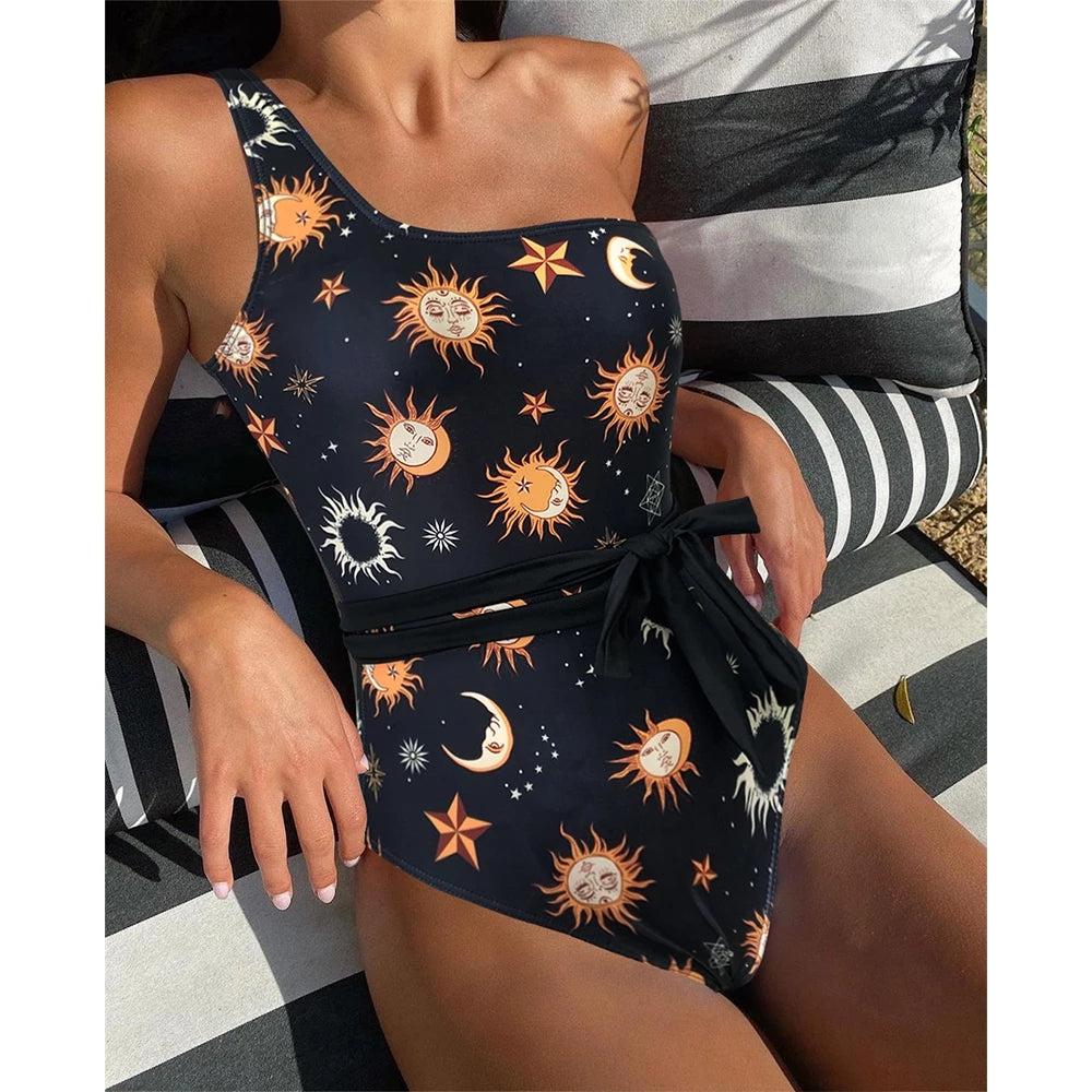 Sexy One Piece Swimsuit One Shoulder Bandage Swimsuits Printi Swimwear Women Backless Bathing Suit Beachwear Monokini Swim