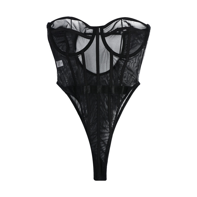 wsevypo Sexy Women See-Through Mesh Bodysuits Underwear with Lines Off-Shoulder Sleeveless Strapless Bustiers Leotard Tops