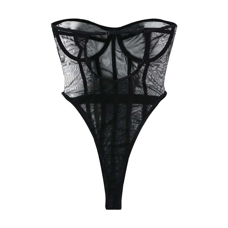 wsevypo Sexy Women See-Through Mesh Bodysuits Underwear with Lines Off-Shoulder Sleeveless Strapless Bustiers Leotard Tops