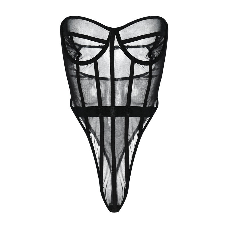 wsevypo Sexy Women See-Through Mesh Bodysuits Underwear with Lines Off-Shoulder Sleeveless Strapless Bustiers Leotard Tops