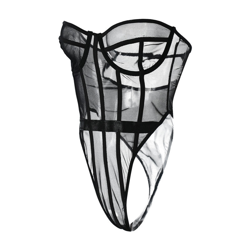 wsevypo Sexy Women See-Through Mesh Bodysuits Underwear with Lines Off-Shoulder Sleeveless Strapless Bustiers Leotard Tops