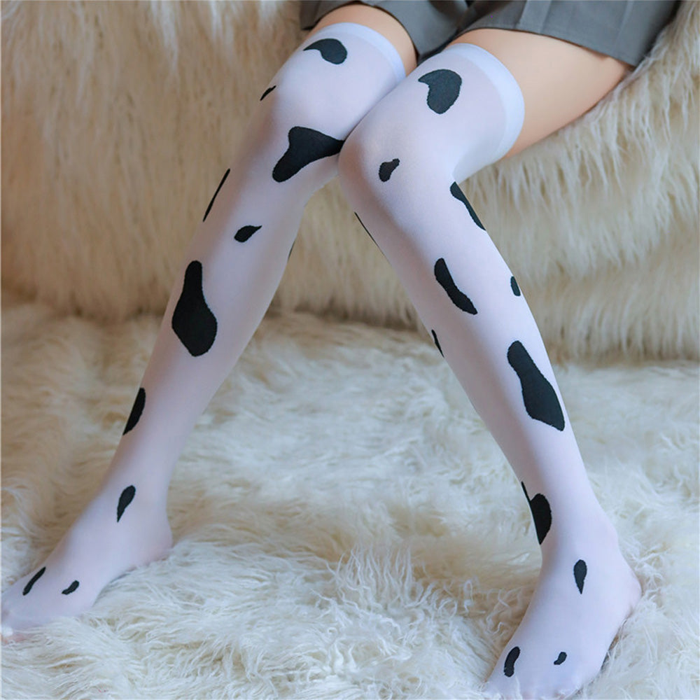 Women Cosplay Stockings Kawaii Cow Spots Printed Thigh High Stockings Cute Lovely Milk Pantyhose