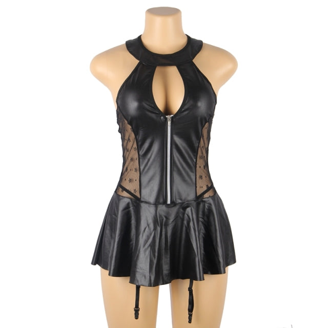 Latex O Neck Babydoll Erotic Costumes Chemises Halter Garter Bustier Lingerie Feminina Black Faux Leather Hot Plus Size