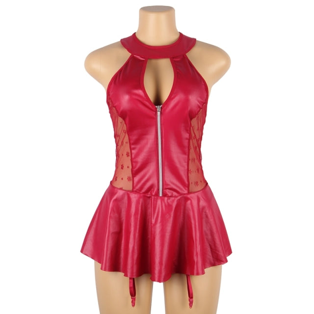 Latex O Neck Babydoll Erotic Costumes Chemises Halter Garter Bustier Lingerie Feminina Black Faux Leather Hot Plus Size