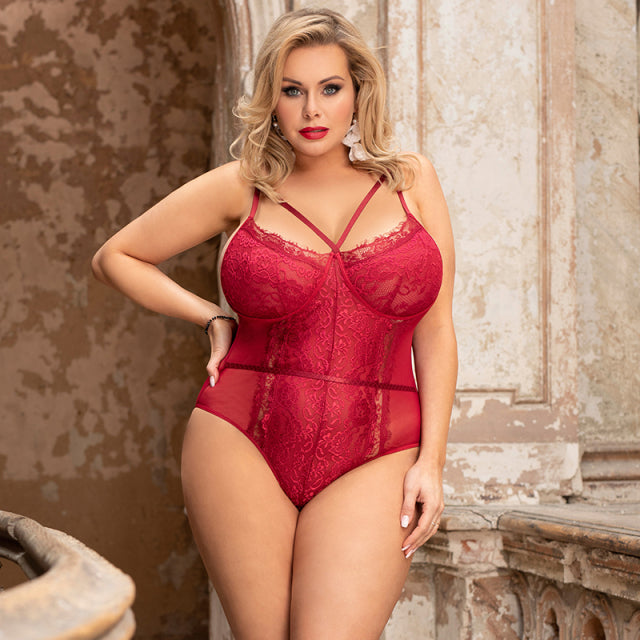 Comeondear Floral Lace Bandage Bodysuit Lingerie Plus Size women Bodysuit Jumpsuit Mesh Koronkowe Body Overalls