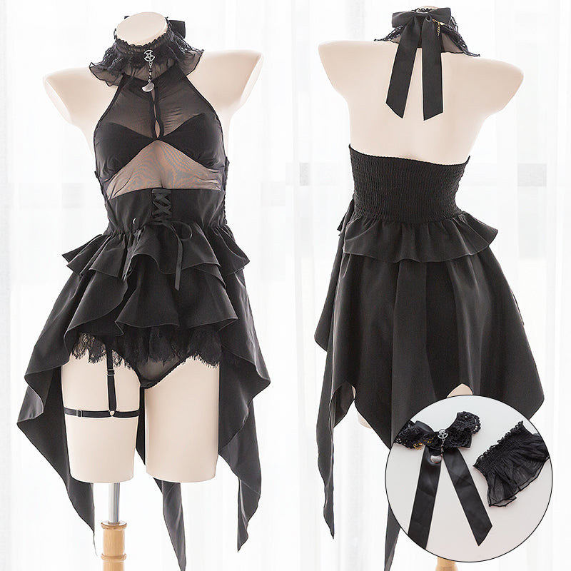 Demon Cosplay Costumes Gothic Lolita Black Lace Sexy Lingerie for Women Cute Wedding Evil Anime Backless Asymmetric Dress