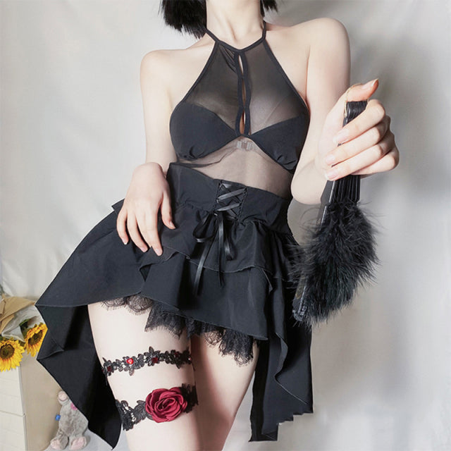 Demon Cosplay Costumes Gothic Lolita Black Lace Sexy Lingerie for Women Cute Wedding Evil Anime Backless Asymmetric Dress