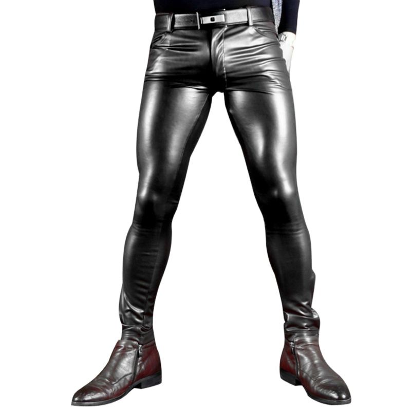 Sexy Men Faux Leather Pu Matte Shiny Fashion Pants Role Men X Soft Skinny Gay Pants Zipper Open Pencil Pants Gay Wear
