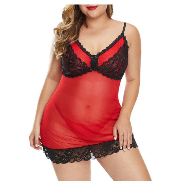 Plus Size Women Underwear V-neck Lace Strap Night Dress Perspective Mesh Sleepwear Ladies Nightgown Backless Sexy Nightie