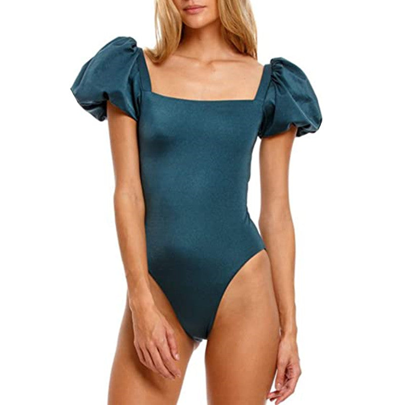 Sexy Bikini New 2 Piece Women Swimsuit Solid Color Short Puff Sleeve Summer High Waist Cut Backless Bathing Suit Beachwear
