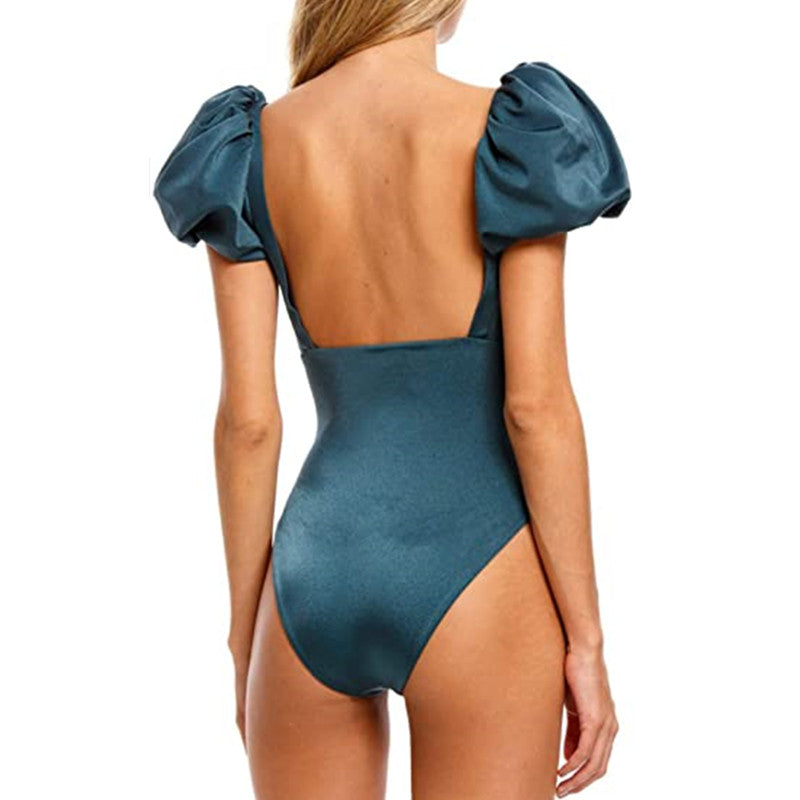 Sexy Bikini New 2 Piece Women Swimsuit Solid Color Short Puff Sleeve Summer High Waist Cut Backless Bathing Suit Beachwear